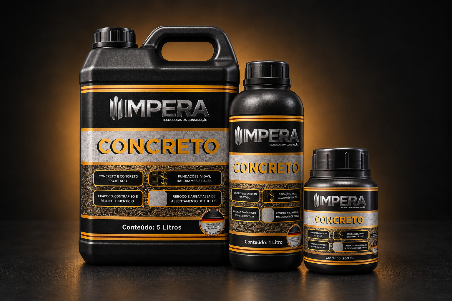 Embalagens de Impera Concreto de 5 litros, 1 litro e 200 ml, aditivo impermeabilizante para concreto e argamassa